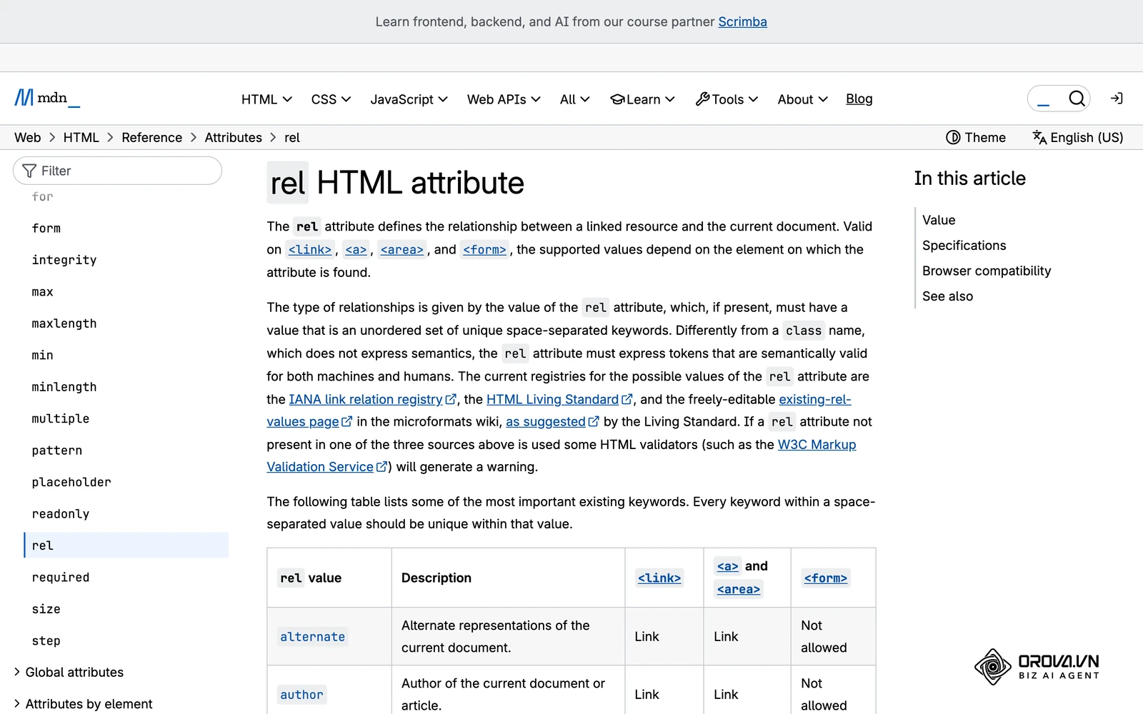 Tài liệu MDN về thuộc tính rel của thẻ liên kết trong HTML, nơi liệt kê các giá trị như nofollow, sponsored, ugc.