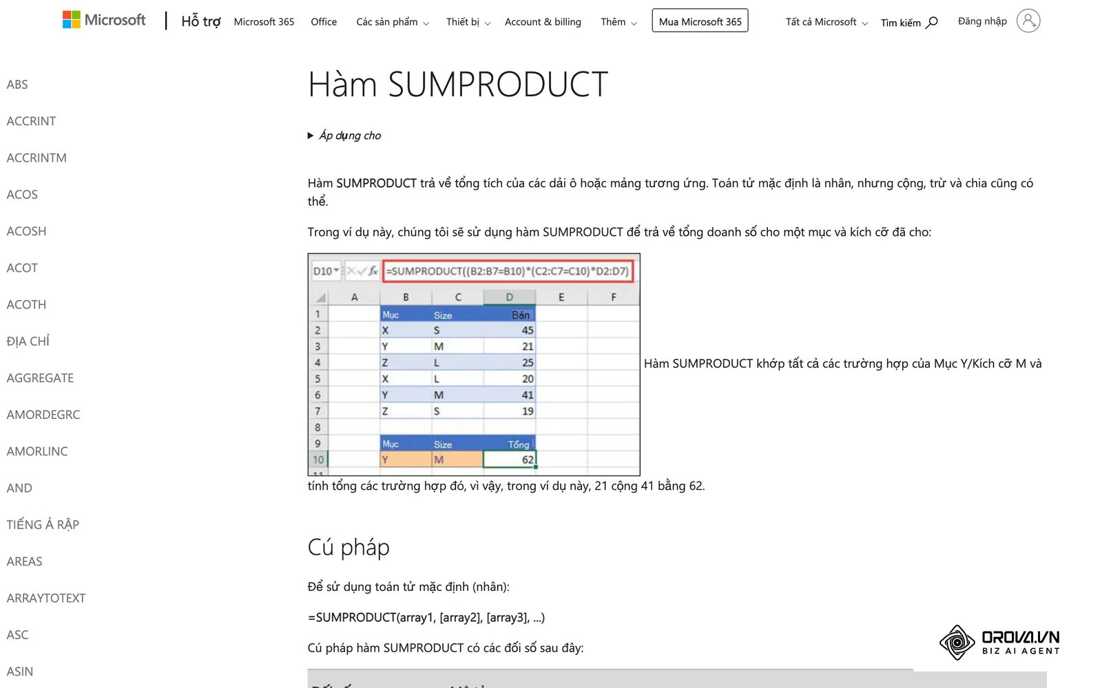 Ví dụ hàm SUMPRODUCT trên trang Microsoft Support: nhân các điều kiện rồi cộng, cùng cách tính tổng công theo ký hiệu ca.
