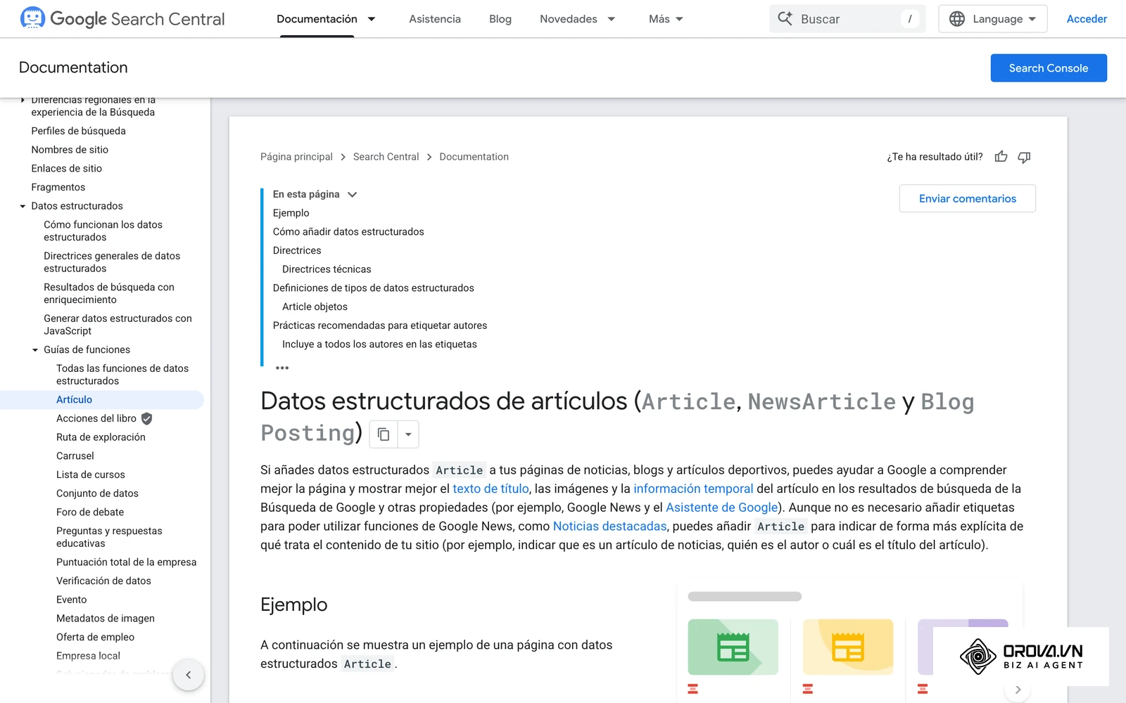 Documentación de Google Search Central sobre el marcado Article en JSON-LD, con ejemplos de código y propiedades recomendadas.