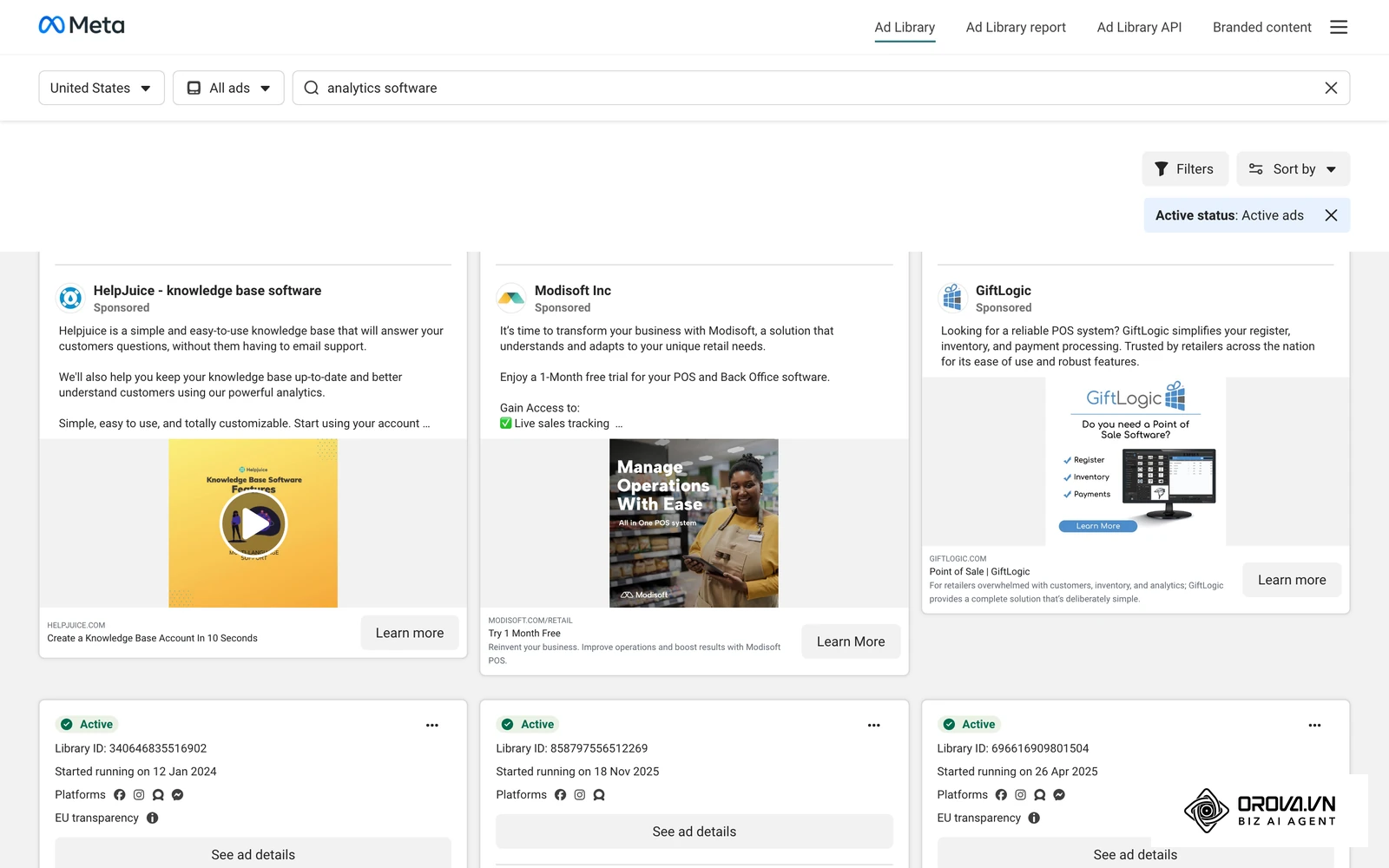 Meta Ad Library search results showing live ads, the view used to check whether a competitor post is paid or organic.