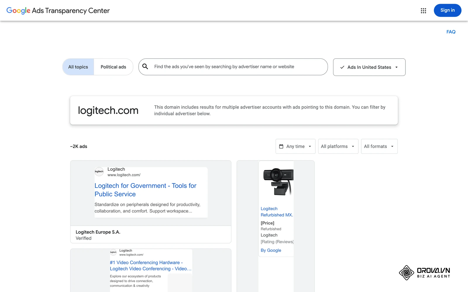Google Ads Transparency Center listing the search, display, and video ads one advertiser is running on Google.