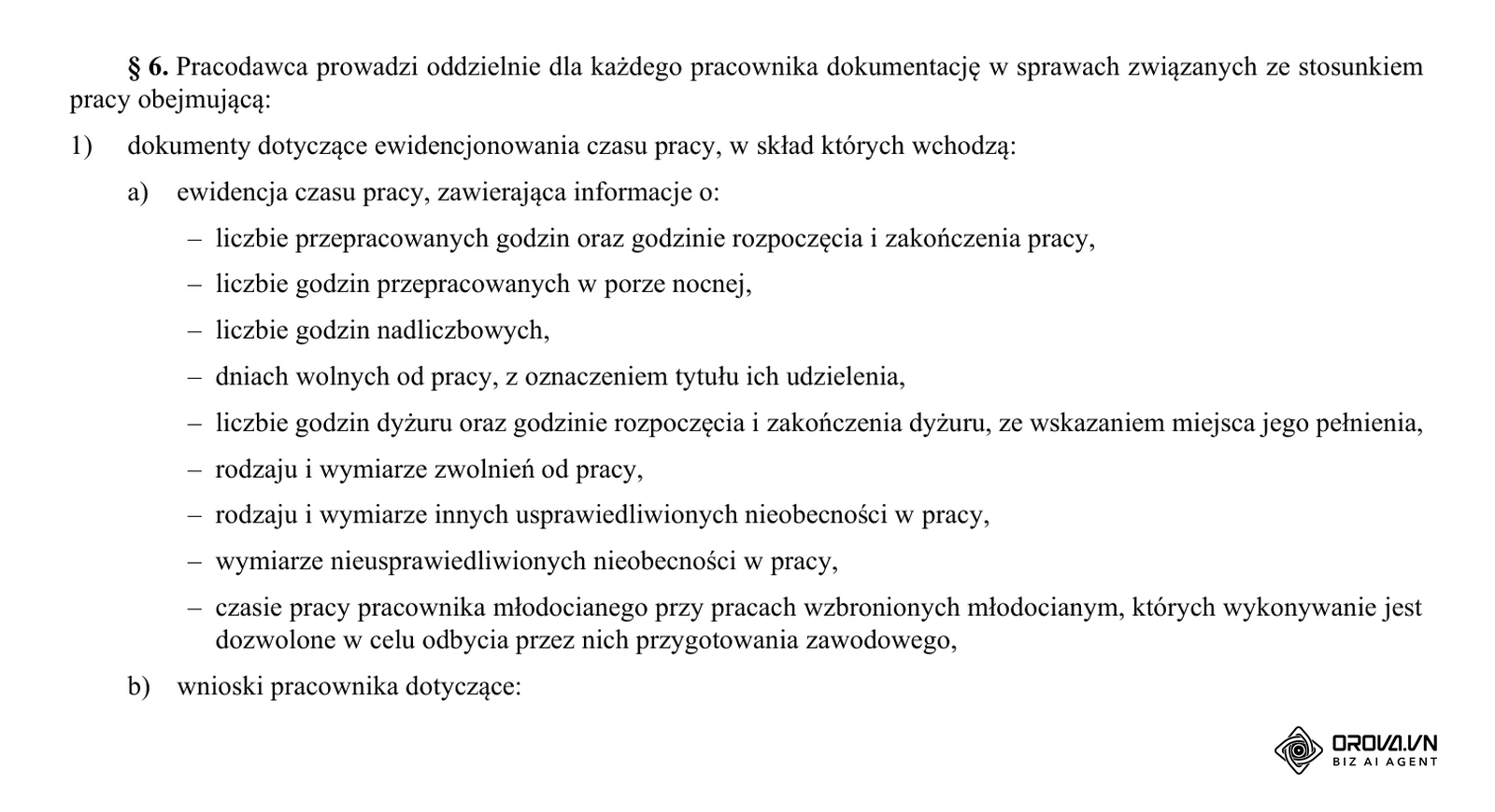 § 6 rozporządzenia w sprawie dokumentacji pracowniczej (Dz.U. 2026 poz. 474) — informacje, które musi zawierać ewidencja czasu pracy