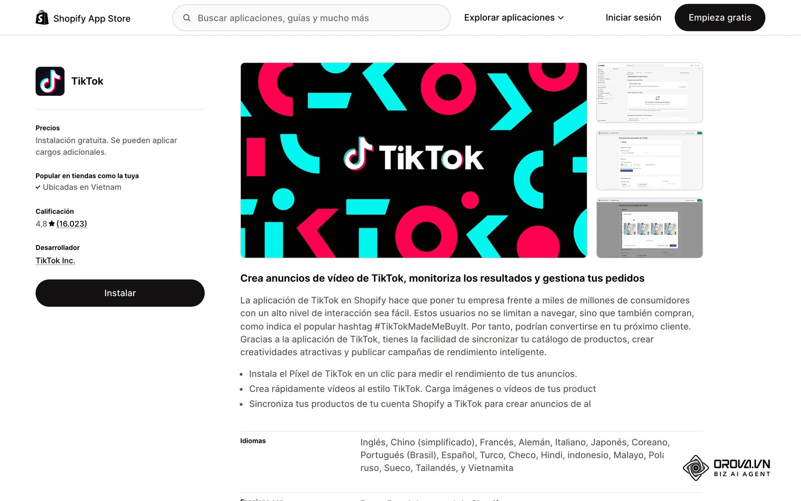 Ficha de la app de TikTok en la Shopify App Store para crear anuncios de vídeo de TikTok
