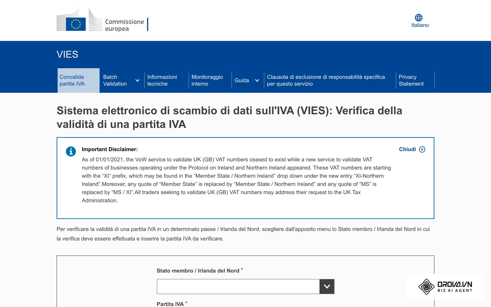 Il servizio VIES della Commissione europea per verificare la validità di una Partita IVA comunitaria prima di inserire l'azienda nel foglio di lavoro.
