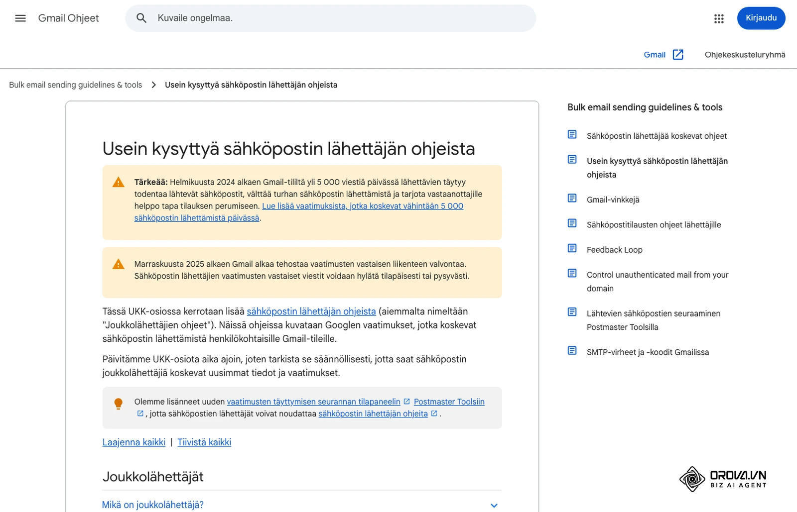 Googlen usein kysytyt kysymykset sähköpostin lähettäjien vaatimuksista, kuten todennuksesta ja peruutuslinkistä.