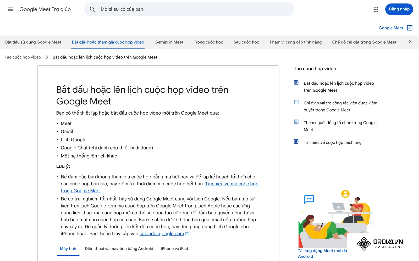 Trang trợ giúp chính thức của Google Meet (tiếng Việt) hướng dẫn bắt đầu hoặc lên lịch một cuộc họp video trên máy tính.