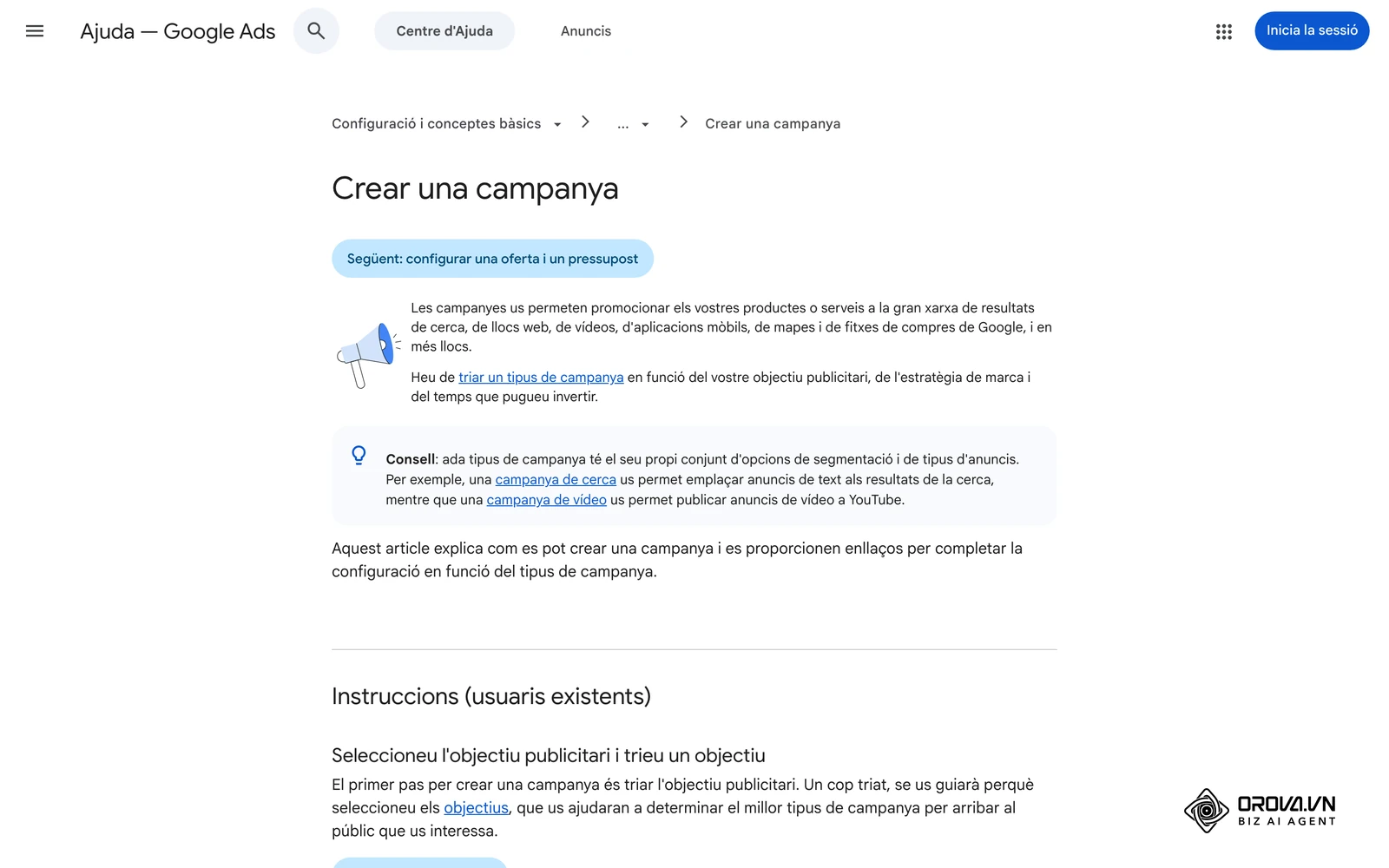 Article del Centre d'ajuda de Google Ads «Crear una campanya», amb el primer pas: seleccionar l'objectiu publicitari.