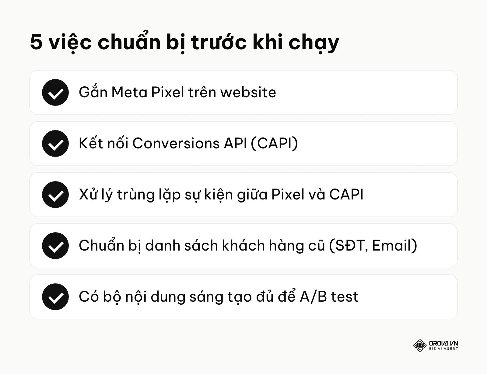 Danh sách 5 việc cần chuẩn bị trước khi nhắm đối tượng Facebook Ads: Pixel, CAPI, xử lý trùng lặp, dữ liệu khách cũ và nội dung.
