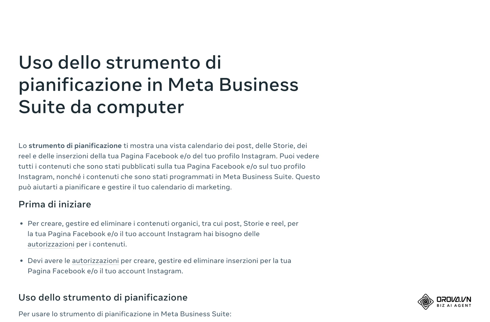 Centro assistenza per le aziende di Meta (in italiano): l'articolo «Uso dello strumento di pianificazione in Meta Business Suite da computer», con le viste Settimana e Mese e i filtri.