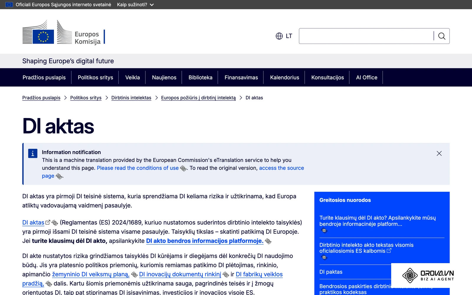 Europos Komisijos puslapis lietuvių kalba apie DI aktą (Reglamentas (ES) 2024/1689)