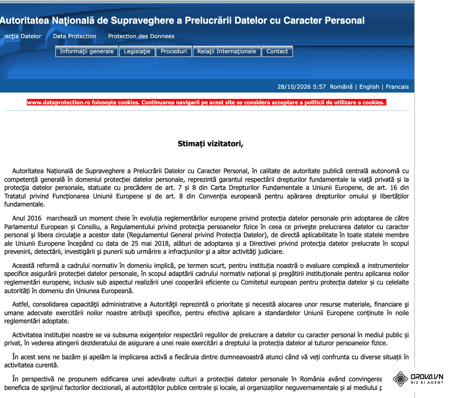 Pagina oficială a ANSPDCP (dataprotection.ro), autoritatea română de supraveghere a prelucrării datelor cu caracter personal, care aplică GDPR.