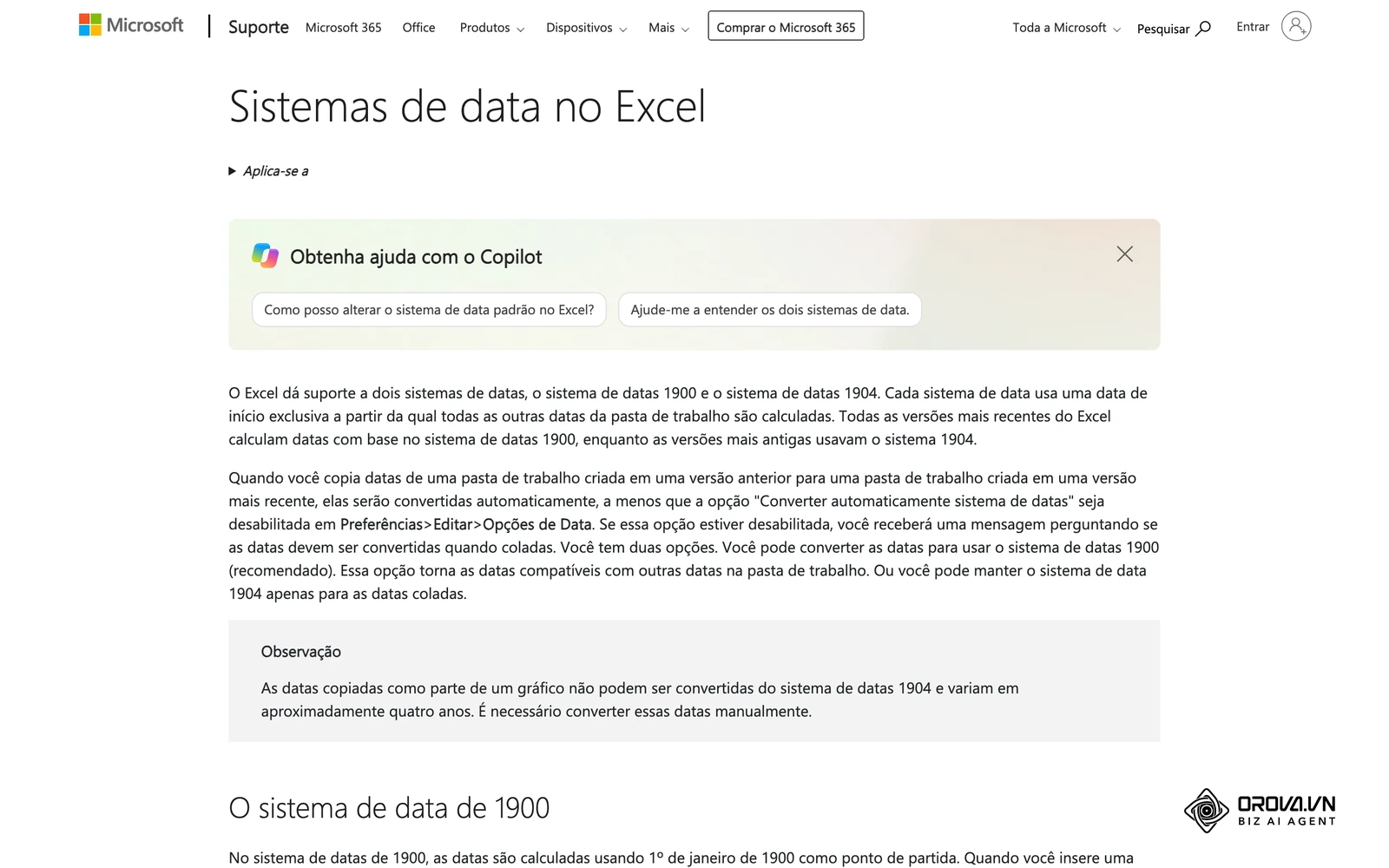 Página "Sistemas de data no Excel" do suporte da Microsoft, com o caminho para ativar o sistema de data 1904.