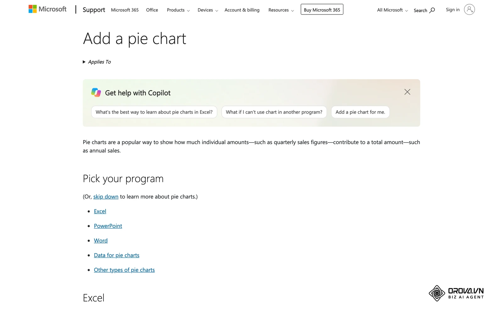 Microsoft Support sahifasi: Office dasturlarida doiraviy diagramma qoʻshish