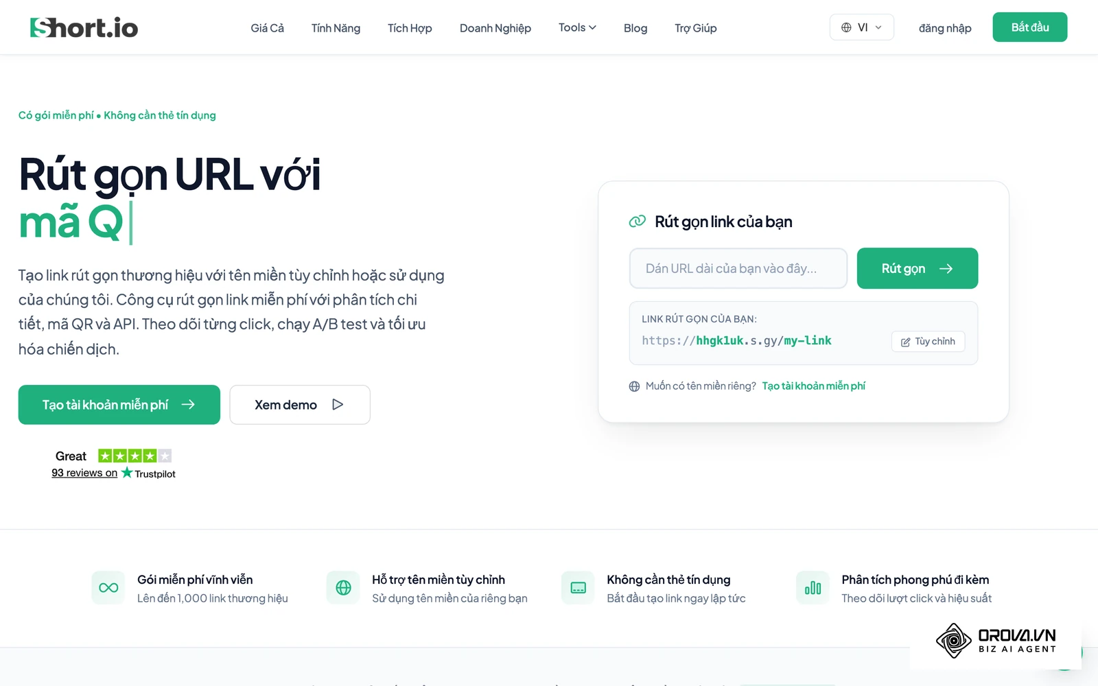 Trang chủ Short.io, công cụ rút gọn link trên tên miền riêng.