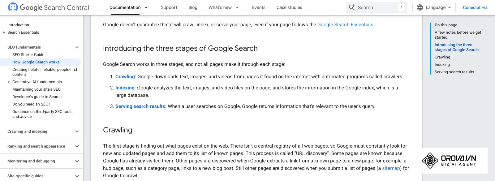 Documentația Google Search Central „How Google Search works”: secțiunea despre cele trei etape ale Căutării Google, crawling, indexare și afișarea rezultatelor