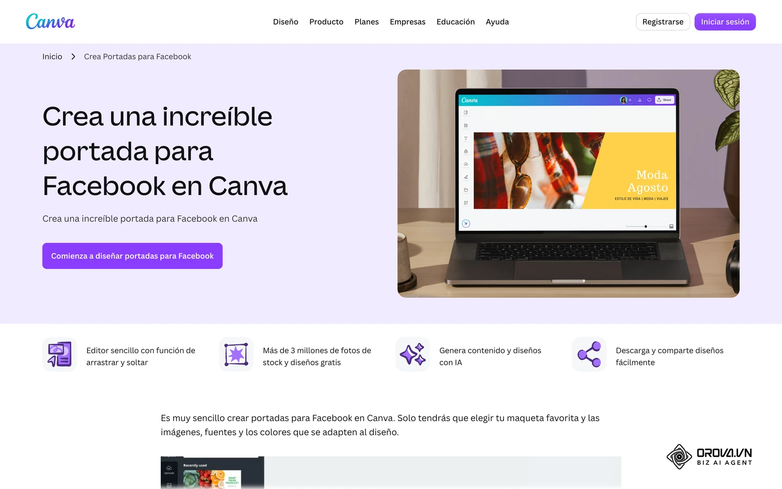 Editor de portadas para Facebook de Canva, útil para preparar la imagen de cabecera respetando las zonas seguras.