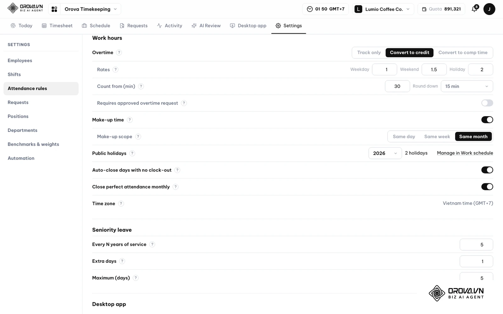 Tela Settings › Attendance rules do Orova Timekeeping com as opções Track only, Convert to credit e Convert to comp time, multiplicadores Weekday, Weekend e Holiday, Count from (min) e Round down