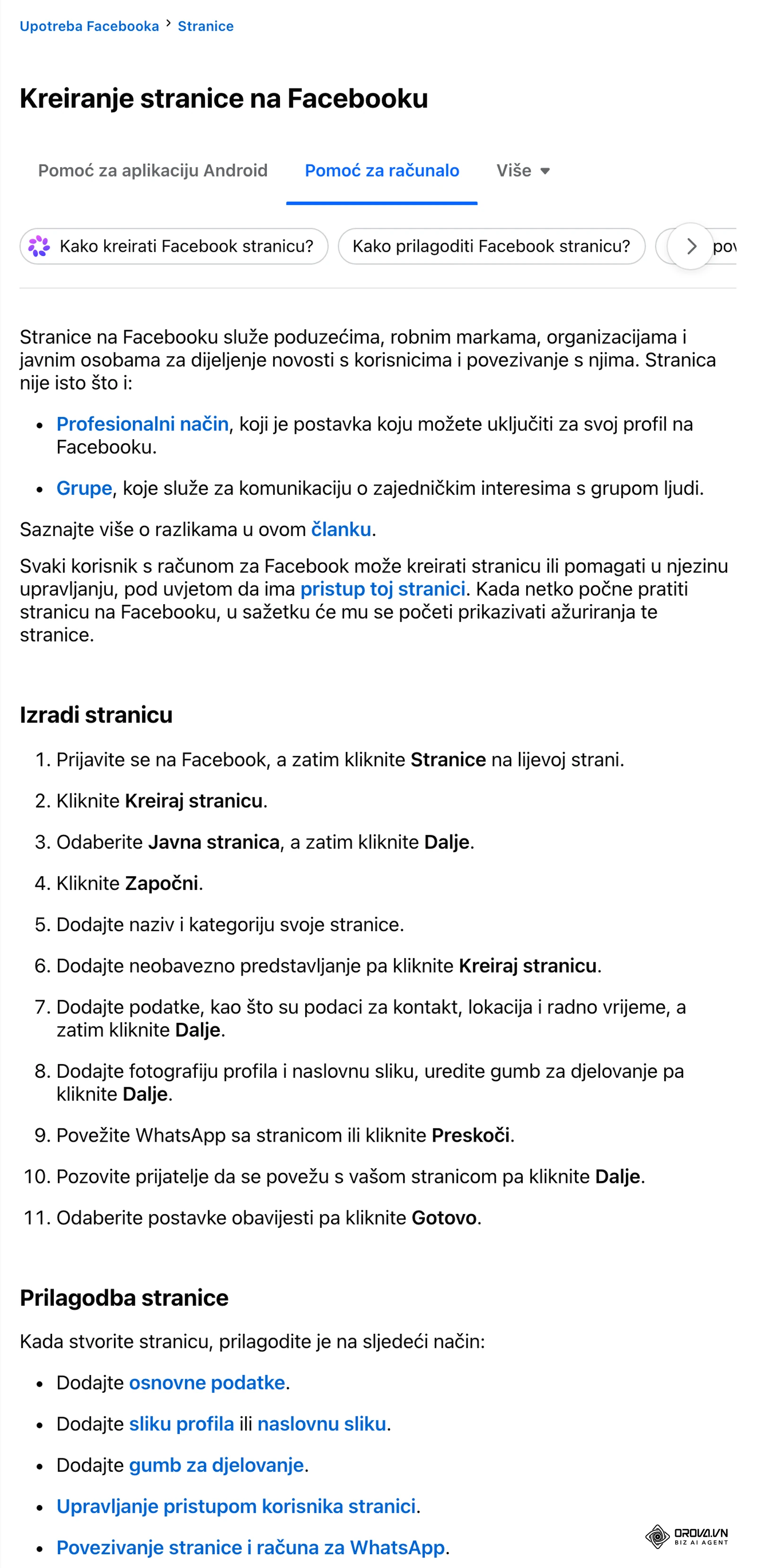 Facebook Centar za pomoć na hrvatskom: koraci kreiranja stranice, od klika na Stranice i Kreiraj stranicu do odabira postavki obavijesti i gumba Gotovo.