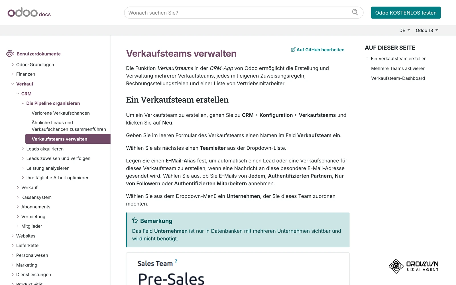 Offizielle Odoo-Dokumentation (deutsch): Verwaltung von Verkaufsteams und Pipeline im CRM.