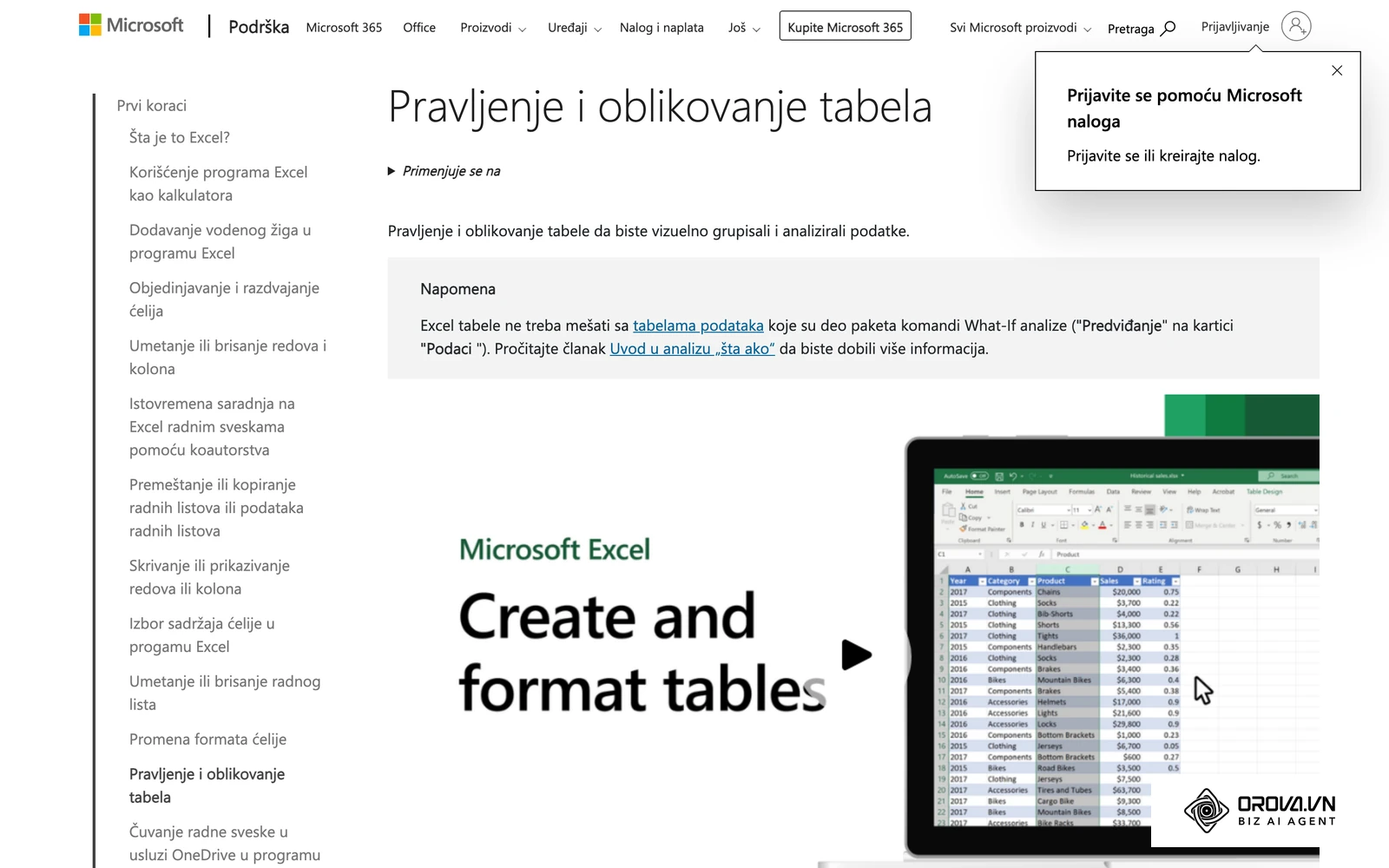 Microsoft podrška (sr-latn): pretvaranje opsega ćelija u Excel tabelu sa zaglavljima i filterima.