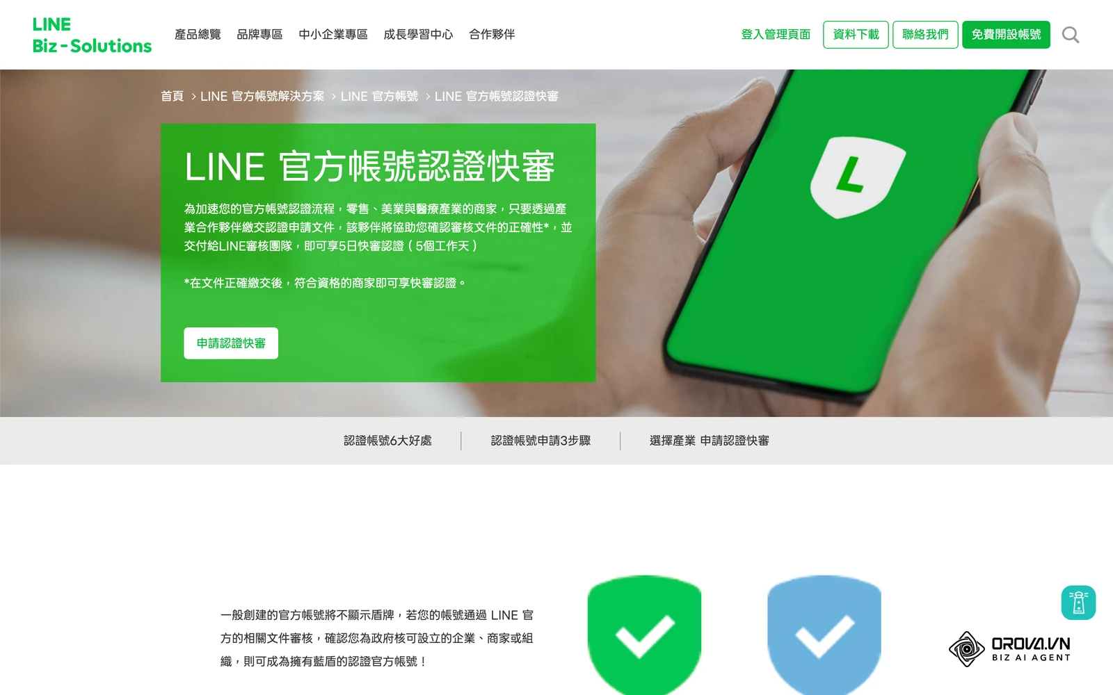 LINE 台灣官方「LINE 官方帳號認證快審」頁：零售、美業與醫療產業 5 個工作天快審
