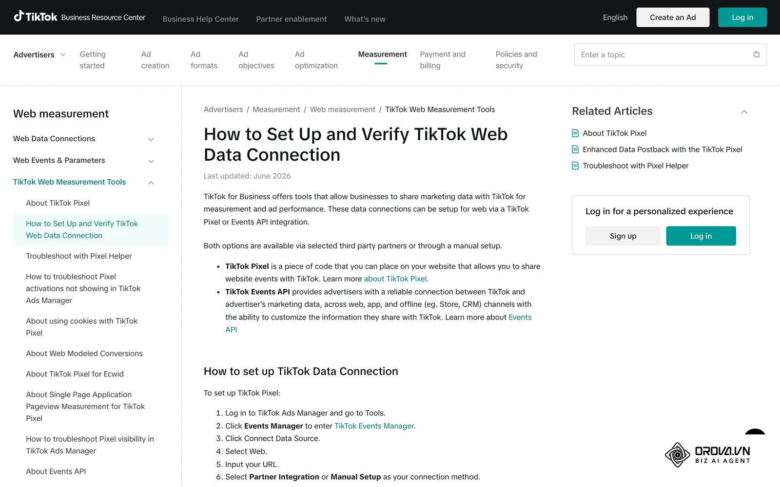 Pagina oficială de ajutor TikTok: configurarea conexiunii de date web (TikTok Pixel) din Events Manager.