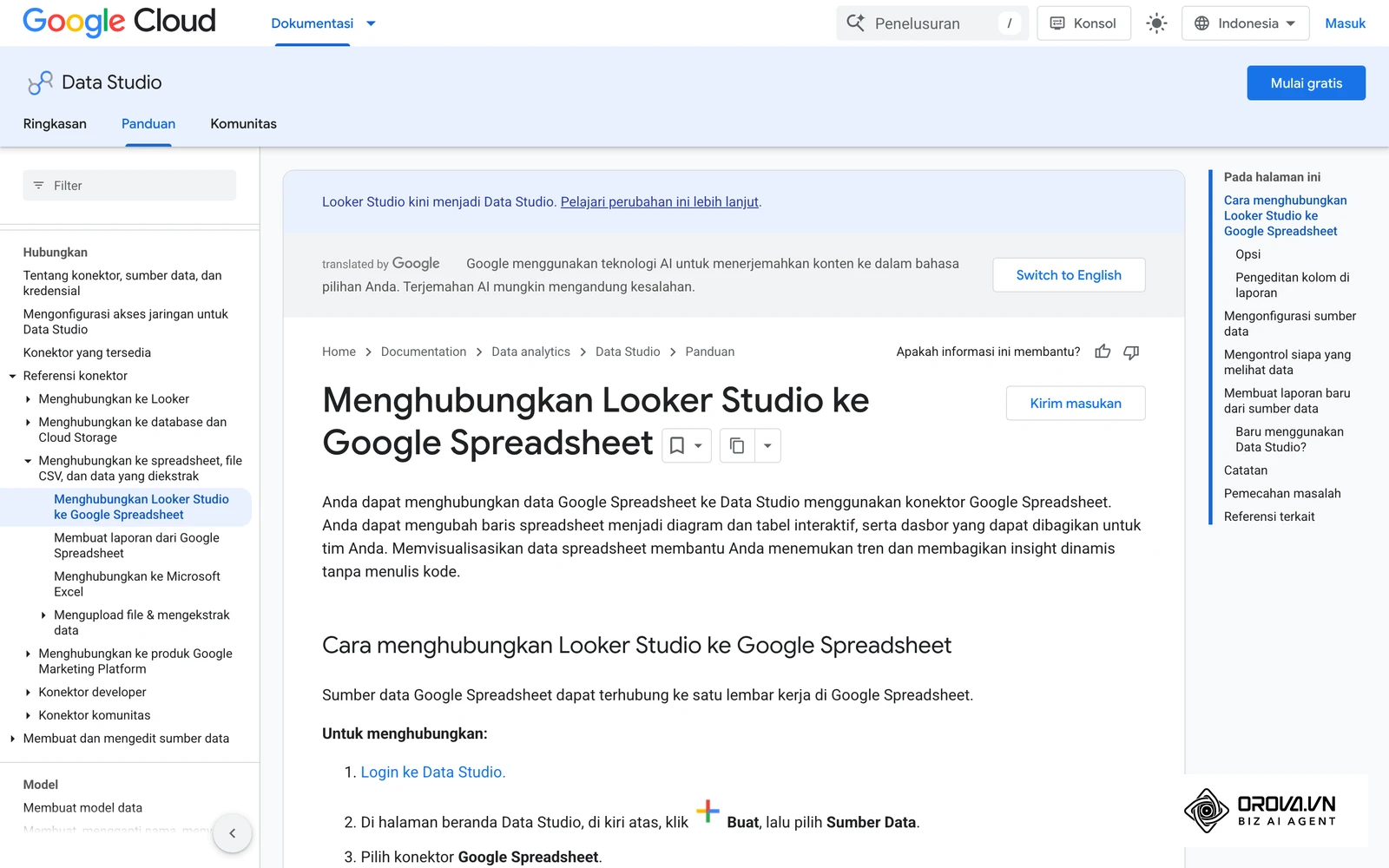 Help resmi Google "Connect to Google Sheets": memilih Spreadsheet dan Worksheet, opsi Use first row as headers, Include hidden and filtered cells, dan Optional Range.