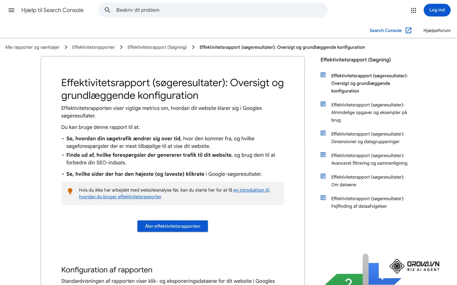 Googles hjælpeside om effektivitetsrapporten (Performance) med forklaring af klik, visninger, CTR og gennemsnitlig position.