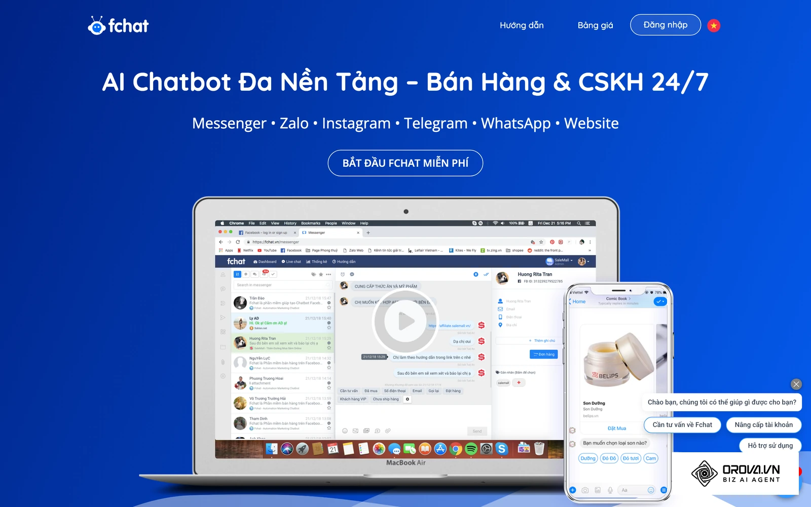 Trang chủ Fchat, nền tảng tự động hoá chăm sóc khách hàng qua tin nhắn.