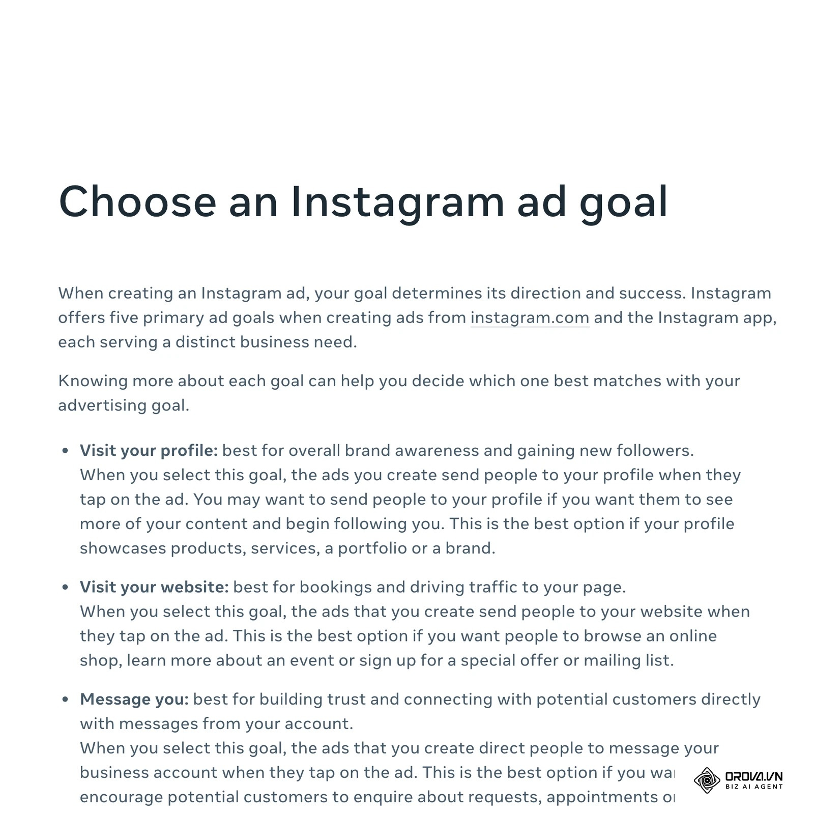 Meta centar za pomoć (engleski): „Choose an Instagram ad goal“ – ciljevi Boost-a Visit your profile, Visit your website i Message you.