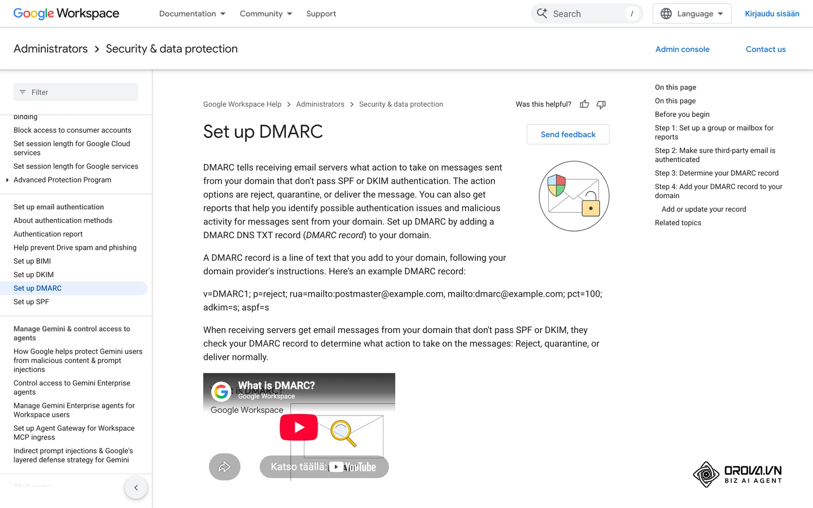 Google Workspacen ohjesivu DMARC-tietueen määrittämisestä.