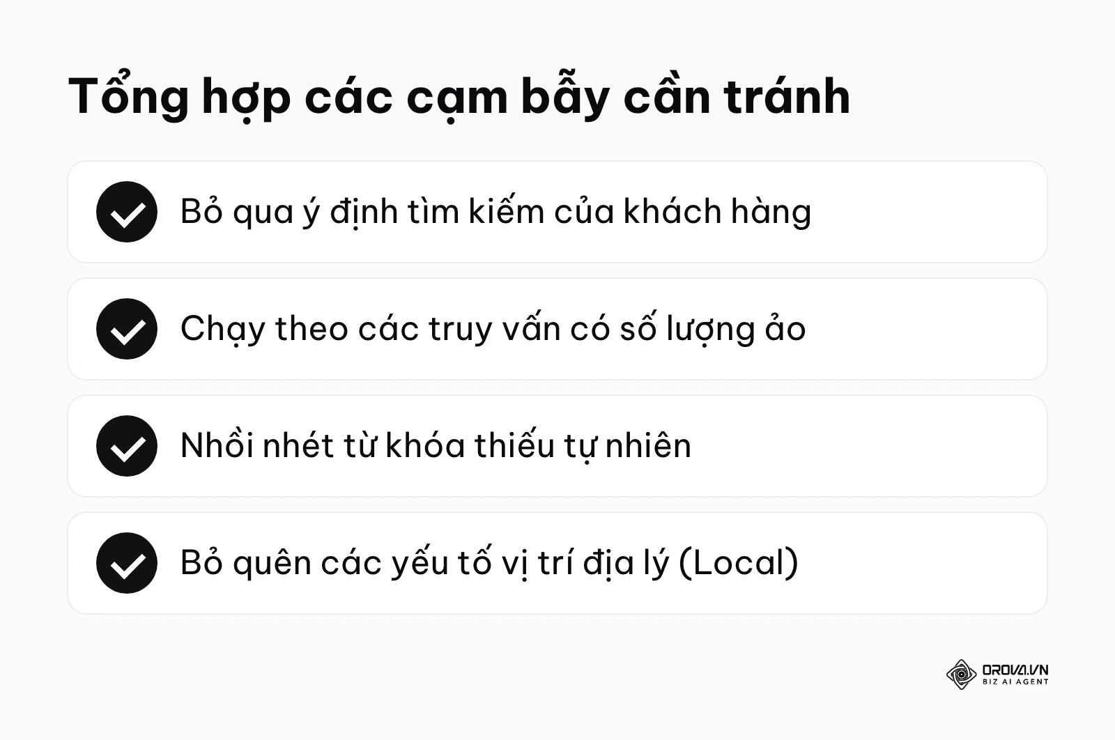 Bảng tóm tắt những sai lầm phổ biến khiến chiến dịch SEO thất bại.
