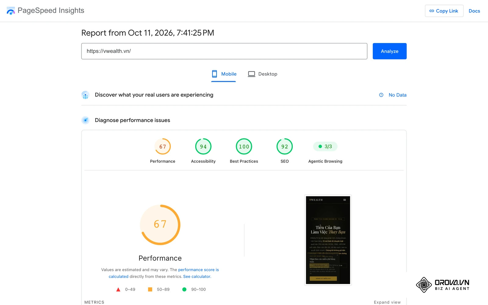 ລາຍງານ PageSpeed Insights ມືຖືຂອງໜ້າຫຼັກ vwealth.vn: Performance 67, Accessibility 94, Best Practices 100, SEO 92 ແລະ ບໍ່ມີຂໍ້ມູນຜູ້ໃຊ້ຕົວຈິງ
