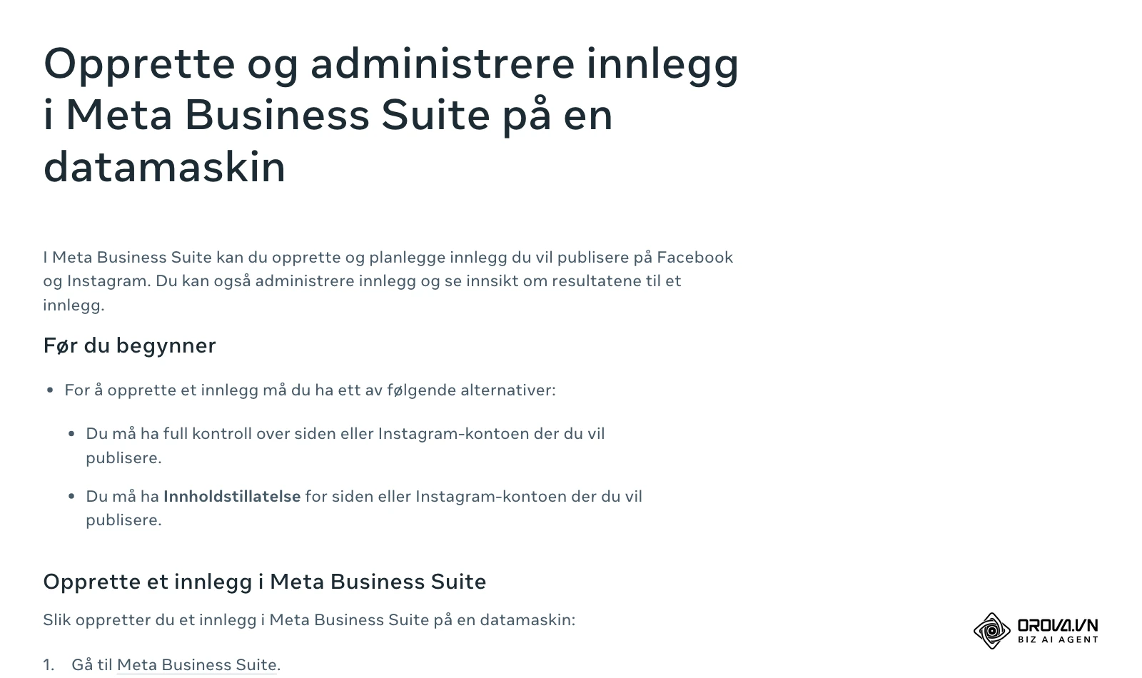 Hjelpesenter for bedrifter (norsk): opprette og planlegge innlegg med Opprett innlegg, Publiser på, Medier og Planleggingsmuligheter.