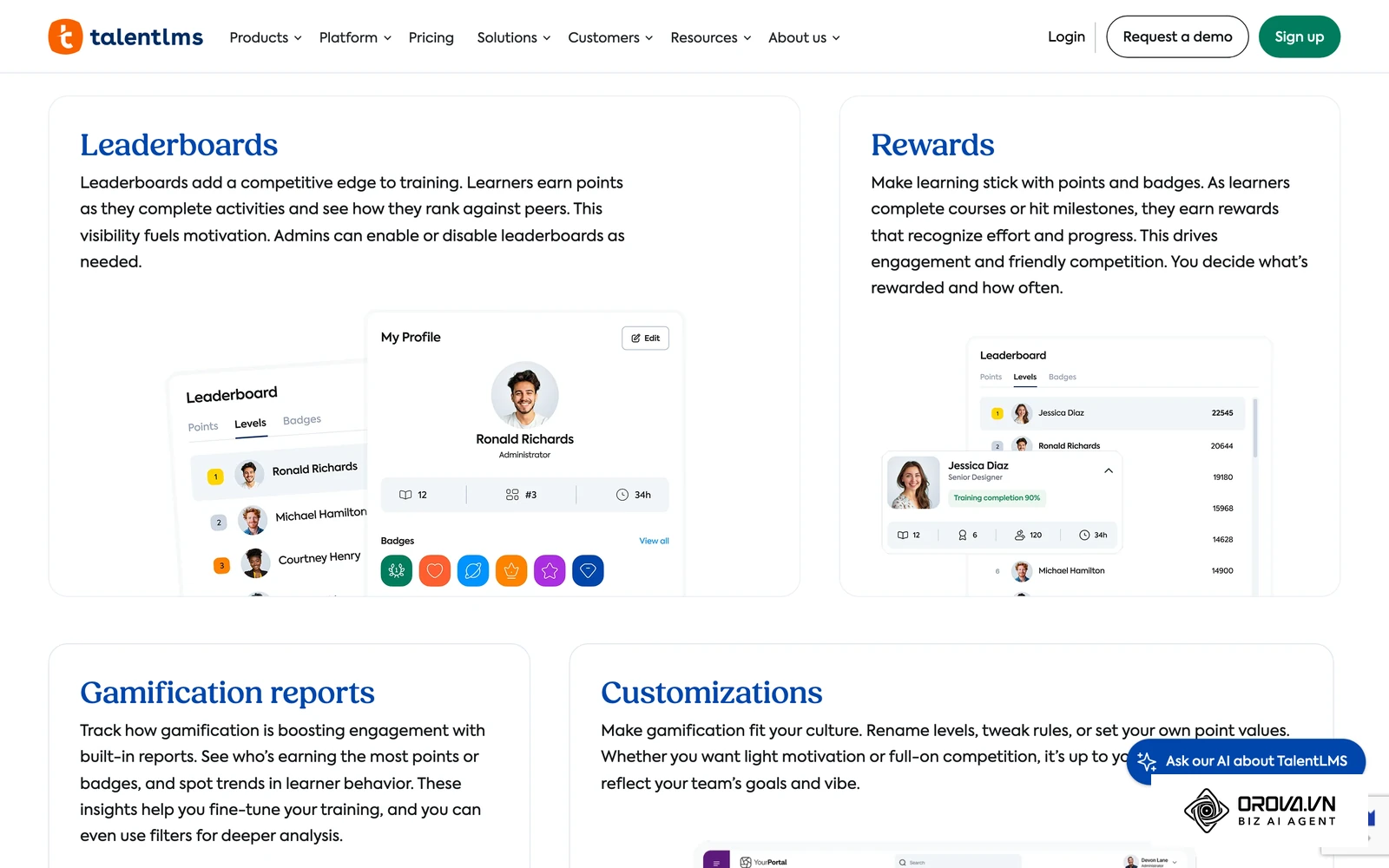 Page Gamification de TalentLMS : réglage des classements (onglets Points, Levels, Badges) et carte de profil avec récompenses.