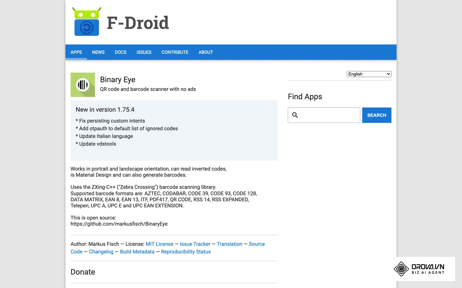 Binary Eye on F-Droid, an open-source barcode scanner listed in the F-Droid repository.