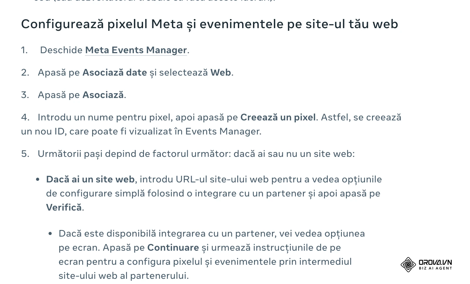 Centrul de ajutor Meta pentru afaceri, în română: „Configurează pixelul Meta și evenimentele pe site-ul tău web” – pașii de la Asociază date > Web la Creează un pixel.