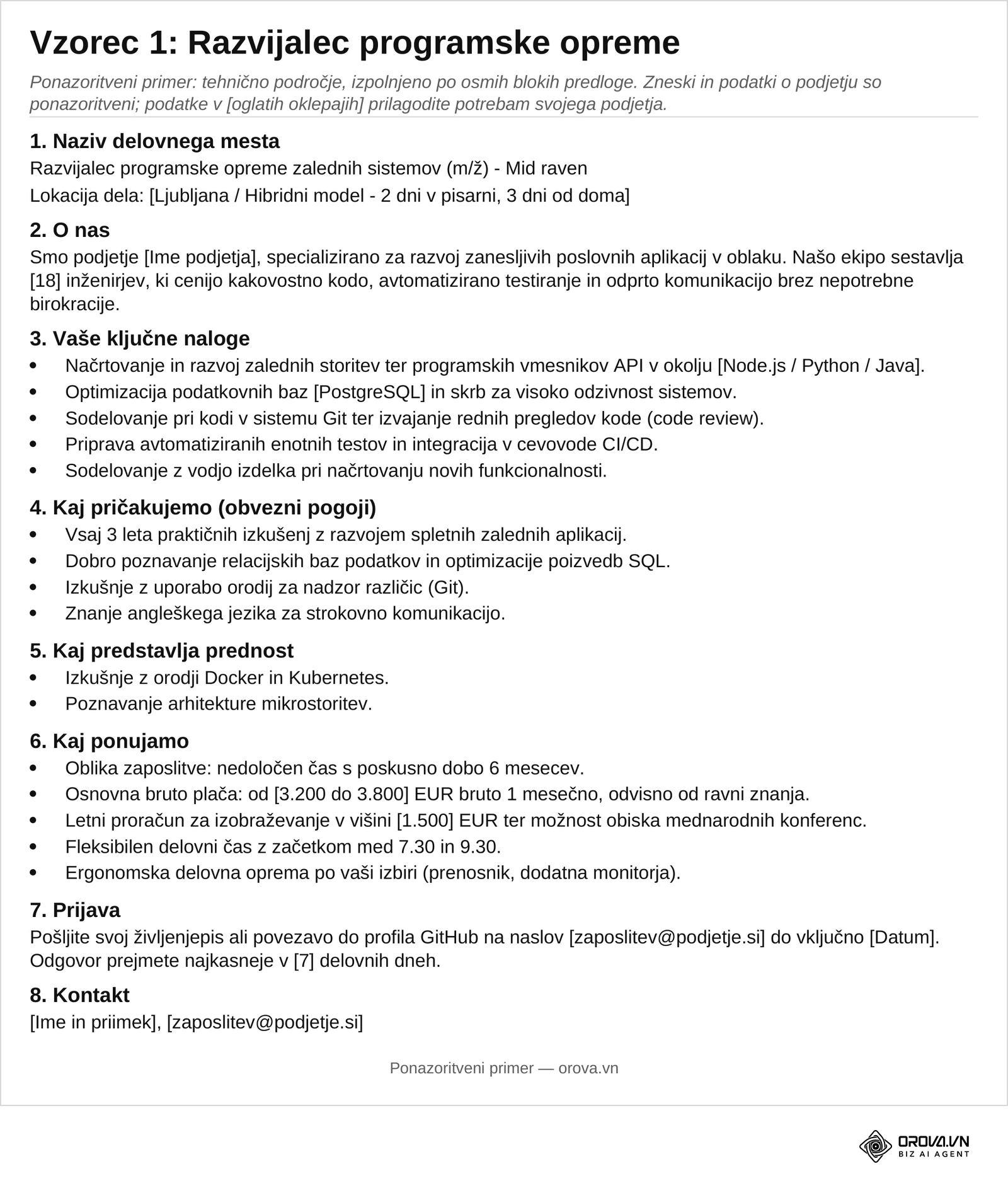 Stran 2 datoteke za prenos: izpolnjen vzorec oglasa za razvijalca programske opreme zalednih sistemov, plača od 3.200 do 3.800 EUR bruto 1 mesečno (ponazoritveni primer).
