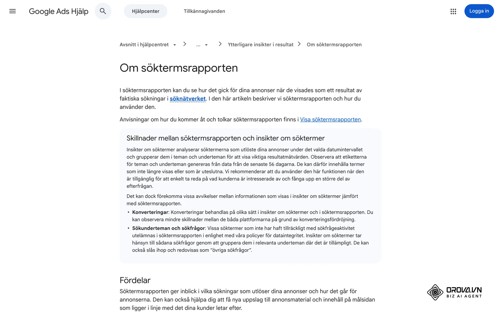 Google Ads hjälpcenter på svenska om rapporten över söktermer, där irrelevanta sökningar kan uteslutas.