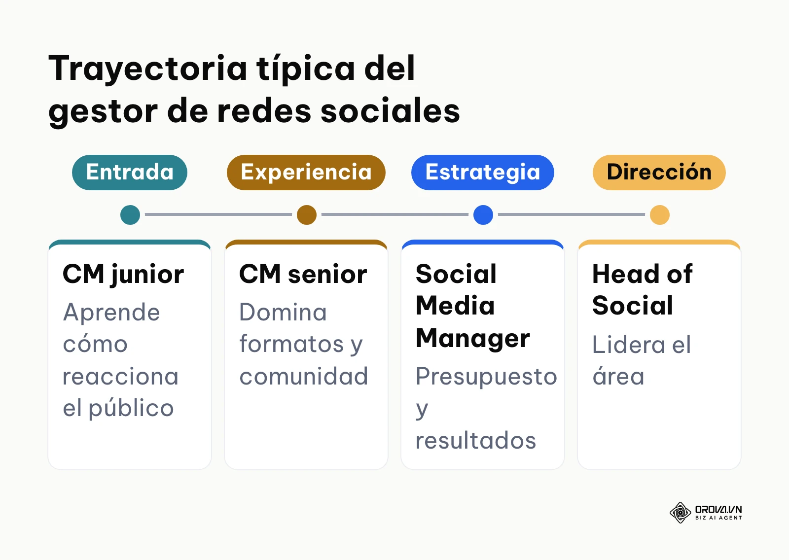 Línea de tiempo de la carrera desde Community Manager junior hasta Head of Social.