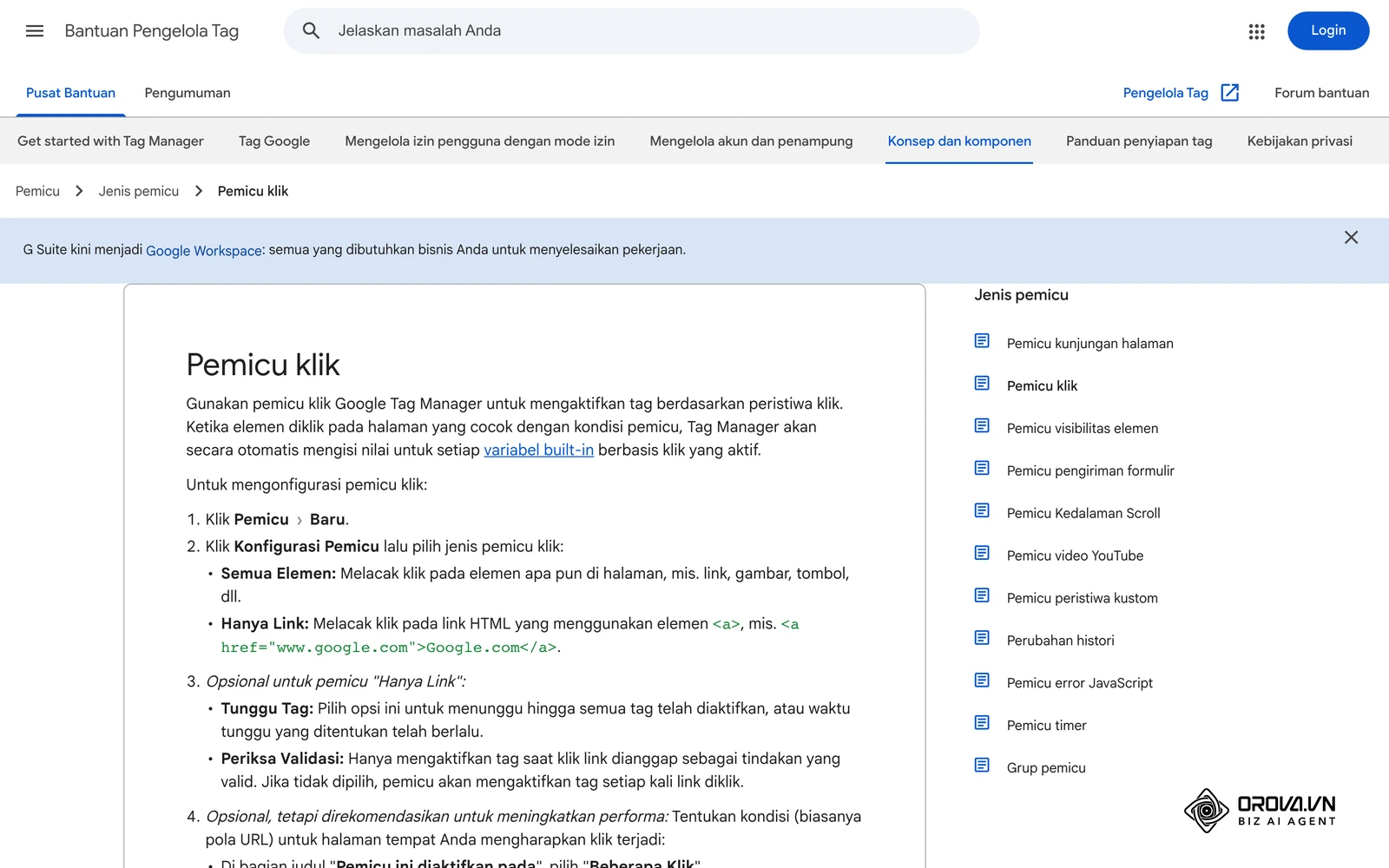 Halaman Bantuan Pengelola Tag (Google Tag Manager) resmi berbahasa Indonesia tentang pemicu klik, dasar pelacakan klik tombol CTA.