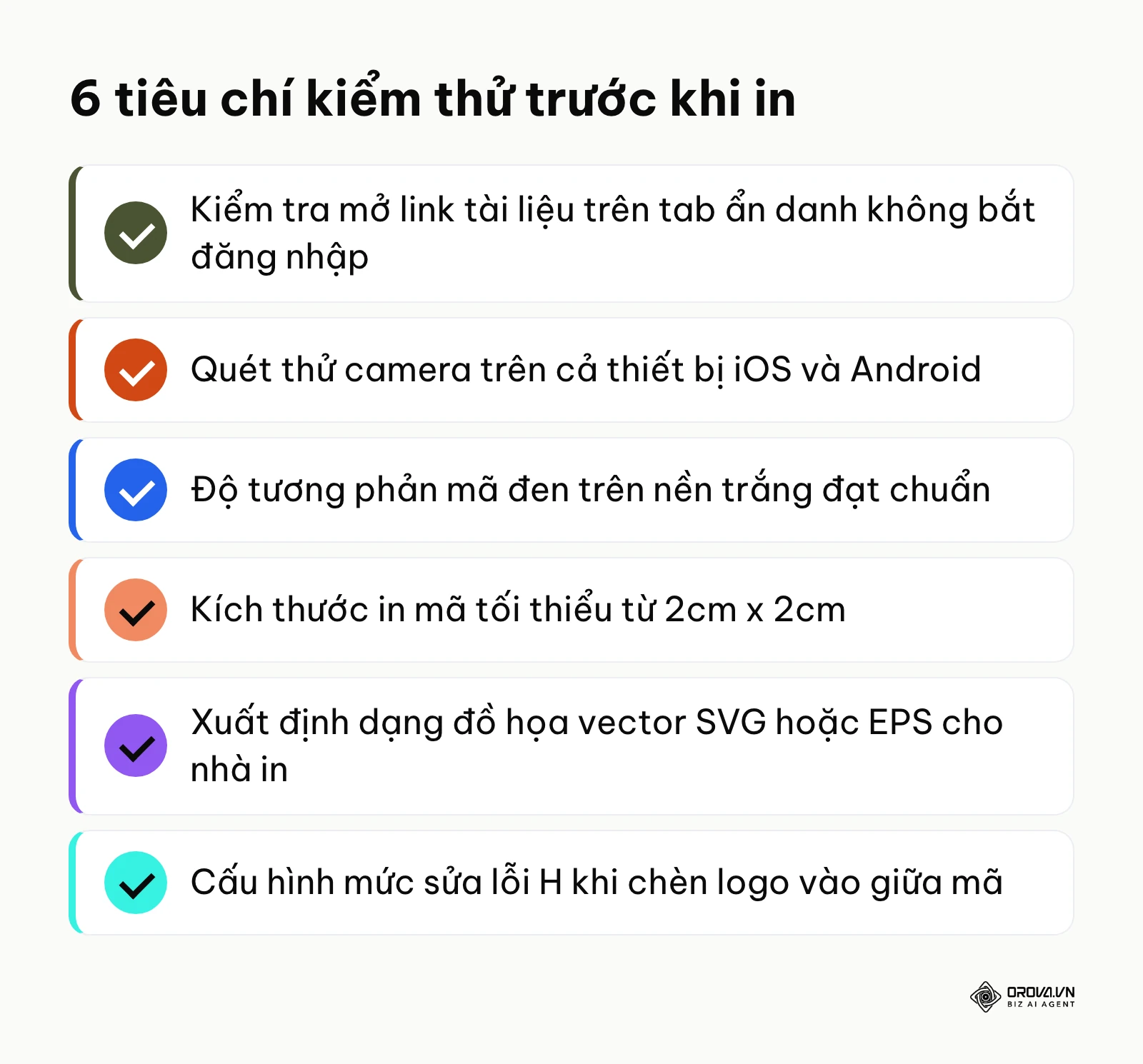 Bảng tóm tắt 6 tiêu chí kỹ thuật kiểm tra mã QR tài liệu trước khi đưa vào nhà in