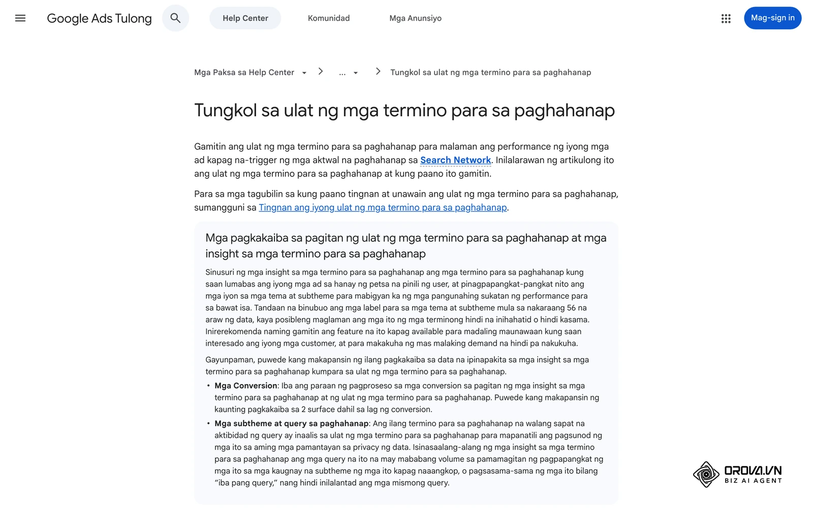 Google Ads Tulong: ulat ng mga termino para sa paghahanap (Search terms report)
