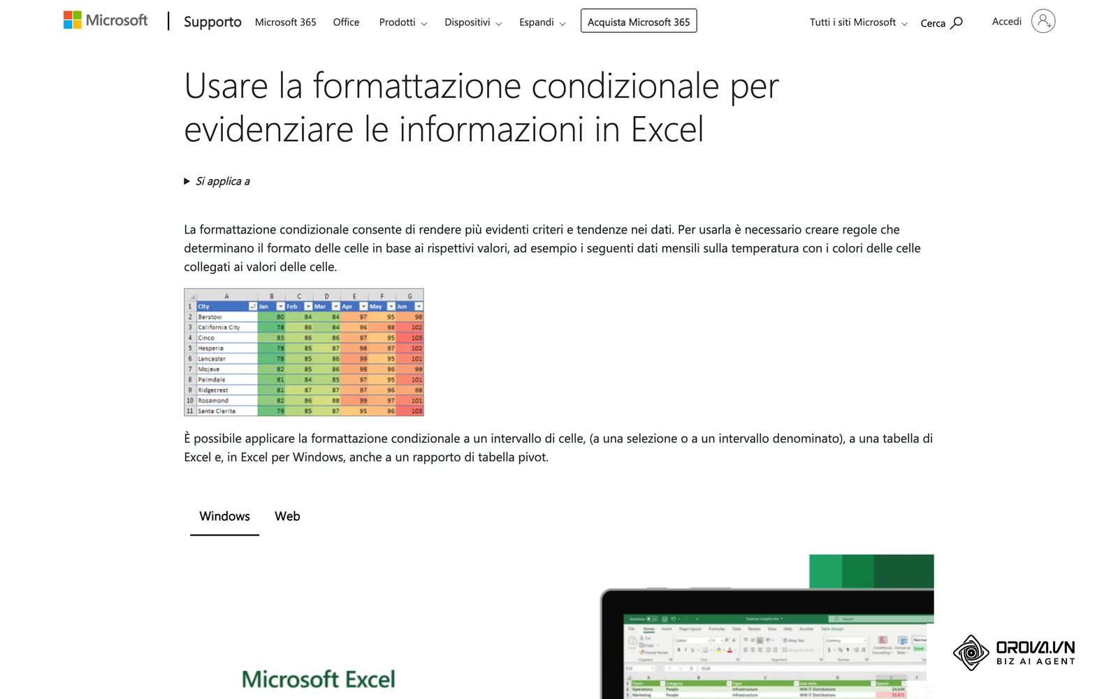 Guida di supporto Microsoft (italiano) sulla formattazione condizionale: un foglio Excel con le celle colorate in base al valore.