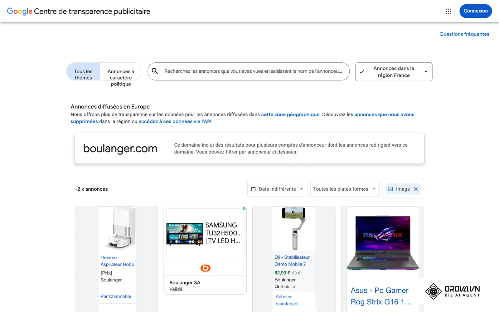Centre de transparence publicitaire de Google : annonces display (images) réellement diffusées en France pour un domaine annonceur, utile pour vérifier ce qui tourne vraiment.