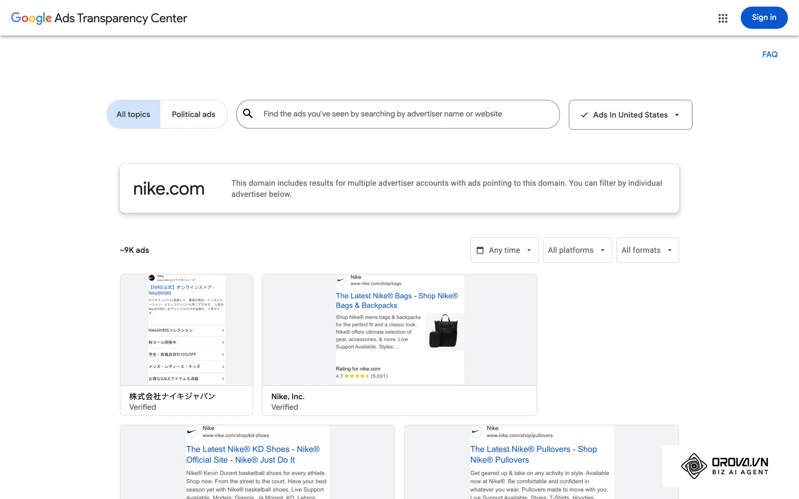 Google Ads Transparency Center showing the real search ads one advertiser domain (nike.com) has run on Google in the United States.