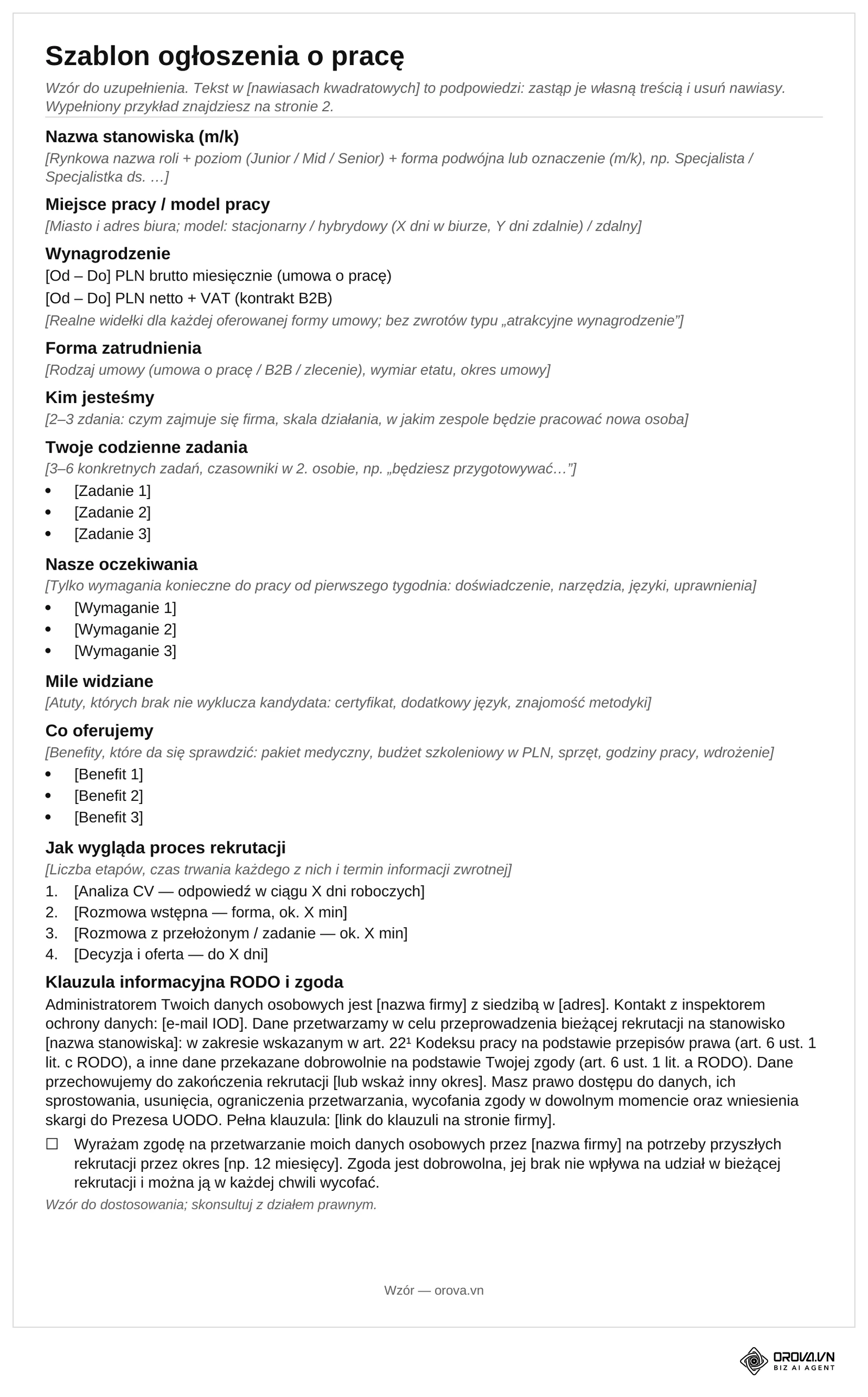 Strona 1 pliku Word do pobrania: wzór ogłoszenia z 11 sekcjami, od nazwy stanowiska (m/k) po klauzulę RODO ze zgodą na przyszłe rekrutacje, z podpowiedziami w nawiasach kwadratowych pod każdą sekcją.