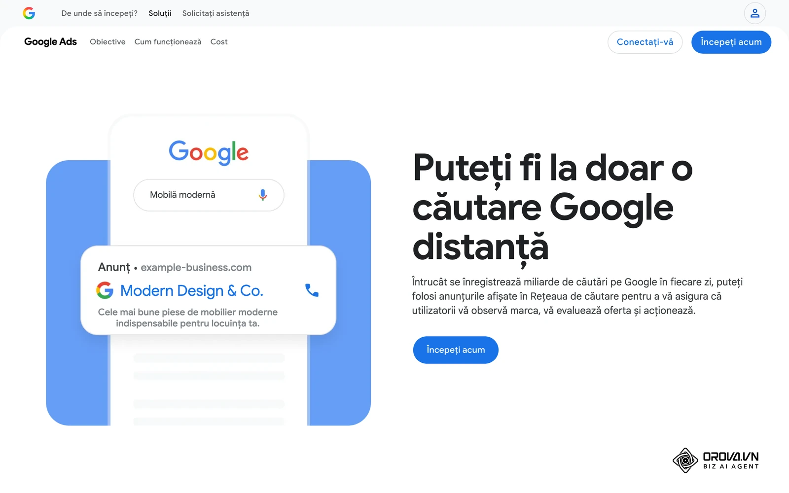Exemplu de anunț în Rețeaua de căutare, cu eticheta „Anunț”, de pe pagina oficială Google despre anunțurile de căutare.