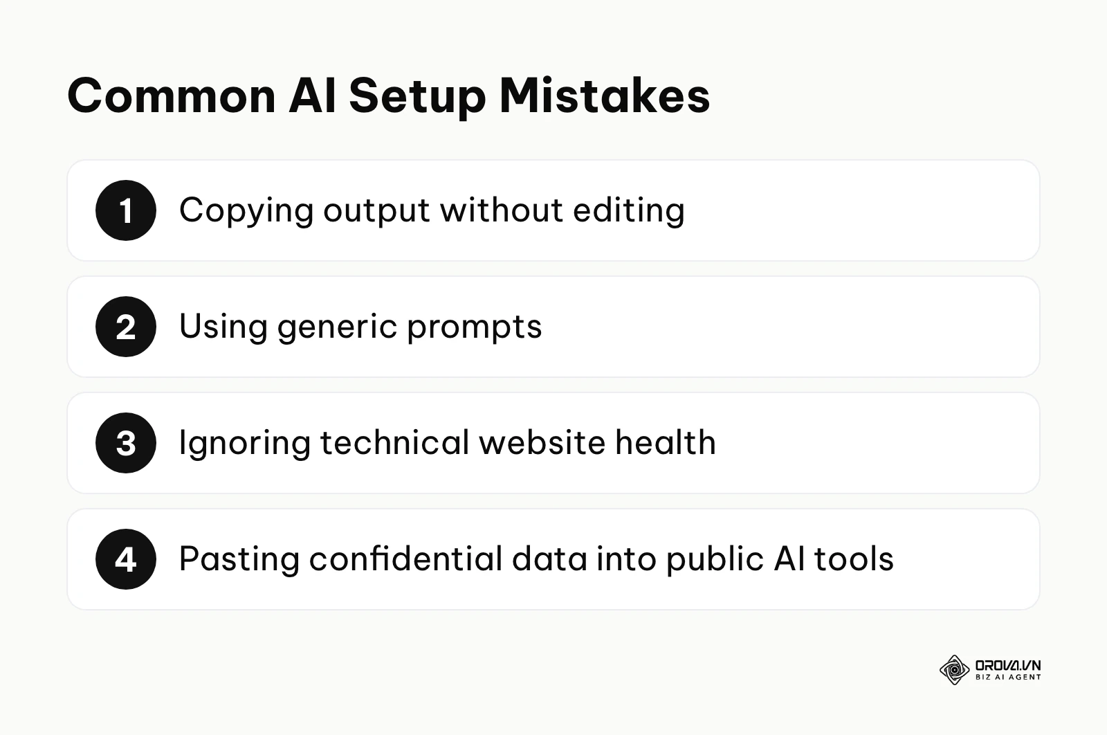 Numbered list of common AI setup mistakes: no editing, generic prompts, ignoring site health, leaking confidential data.