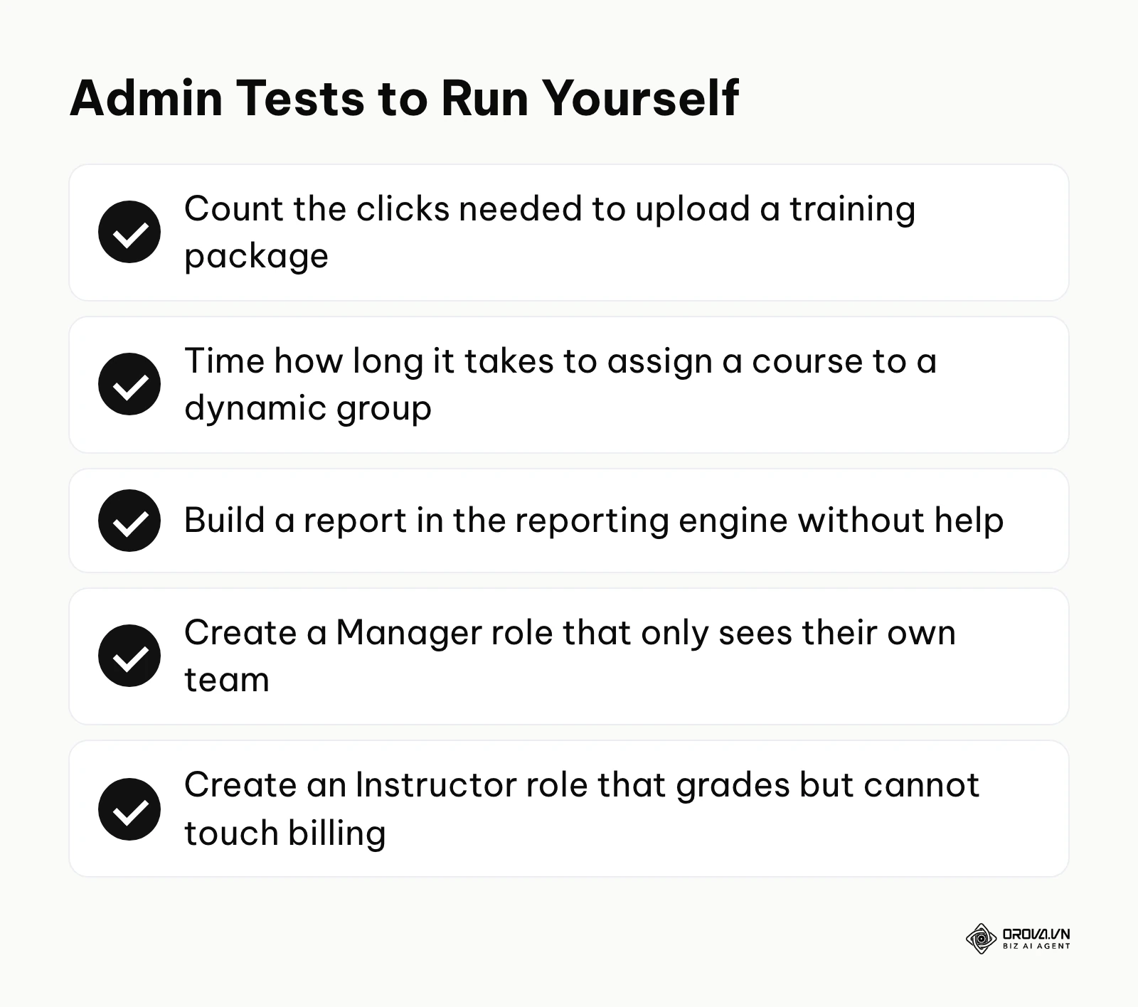 Checklist of hands-on admin tests to run during an LMS trial